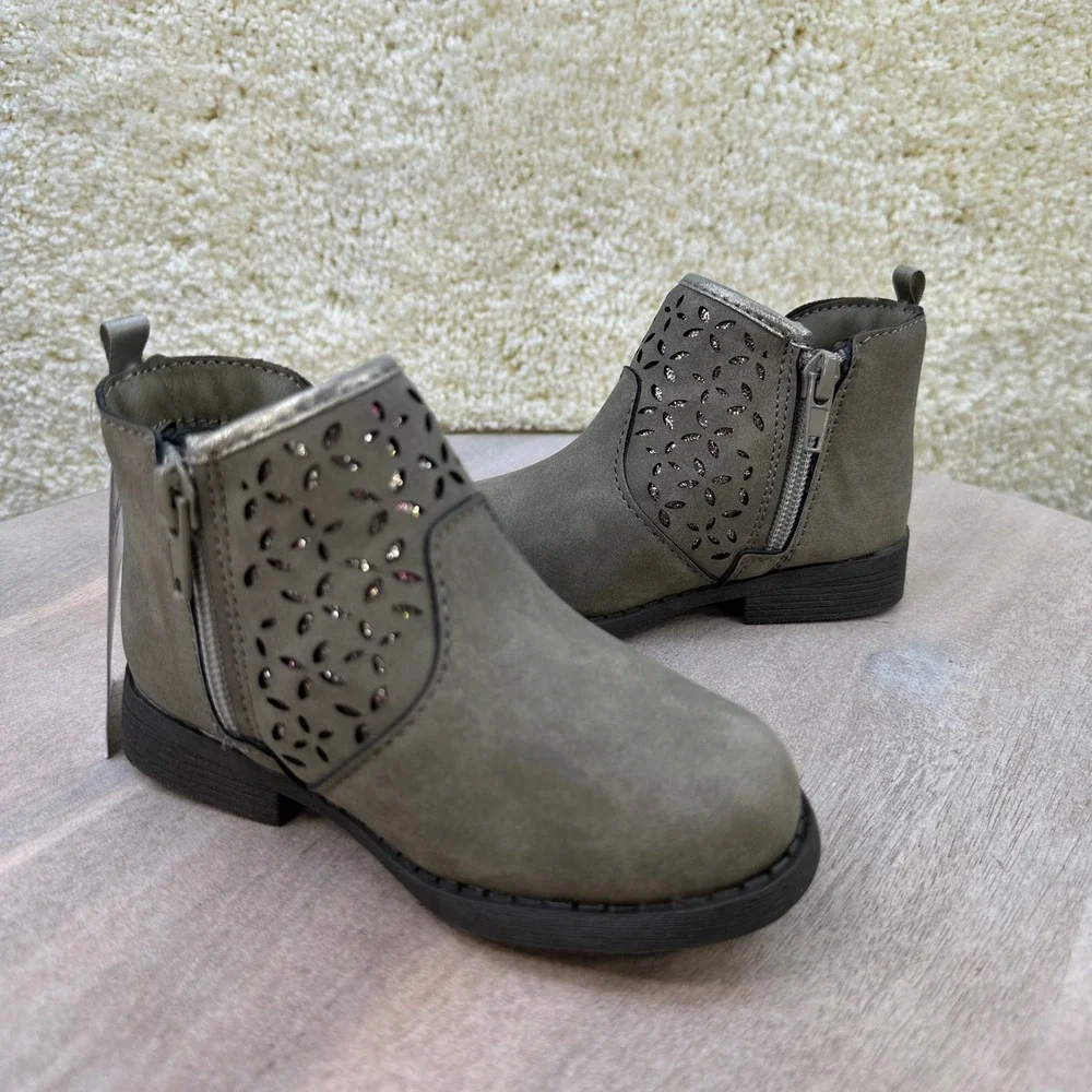 OshKosh B'gosh Estell Toddler Girls Taupe Glitter Floral Ankle Boots Size 8M